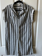 Hem & Thread Black White Striped Button Down Linen Blend Dress.  Medium