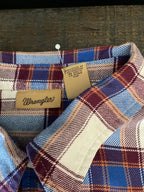 Wrangler Women’s Long-Sleeve Western Pearl Snap Plaid Blue & Maroon Shirt. Med