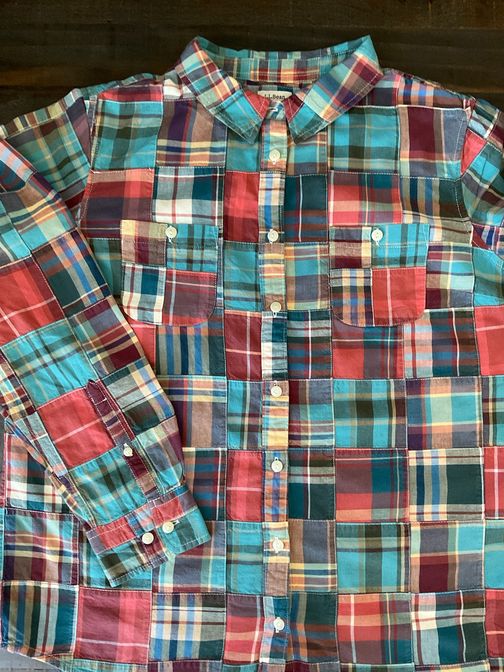 L.L. Bean Women’s Long-Sleeve Roll-Tab Plaid Shirt - Turquoise & Rust  Large)