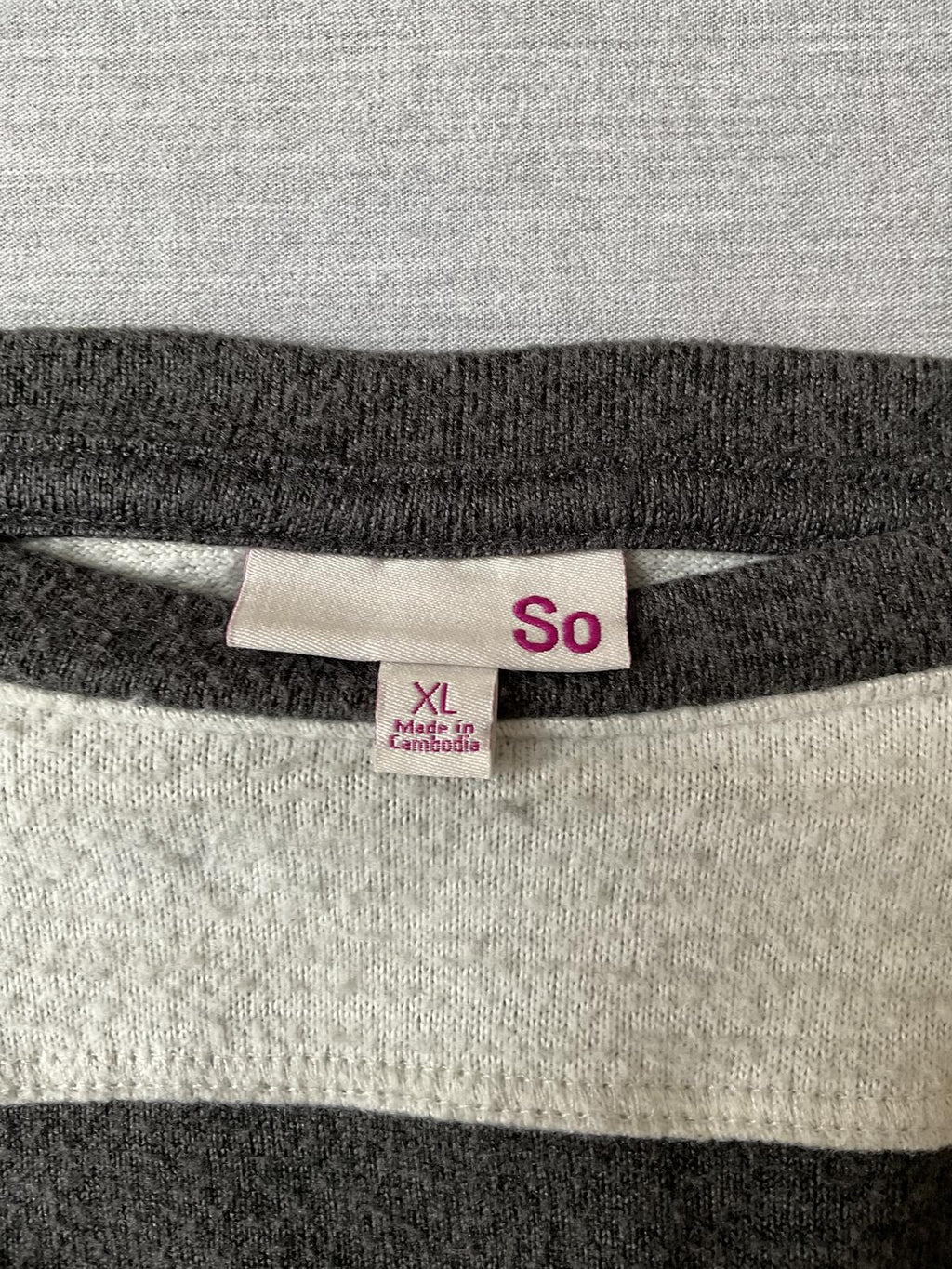 SO Women's Long Sleeve Pull Over Shirt in Gray, Dark Gray and Beige.