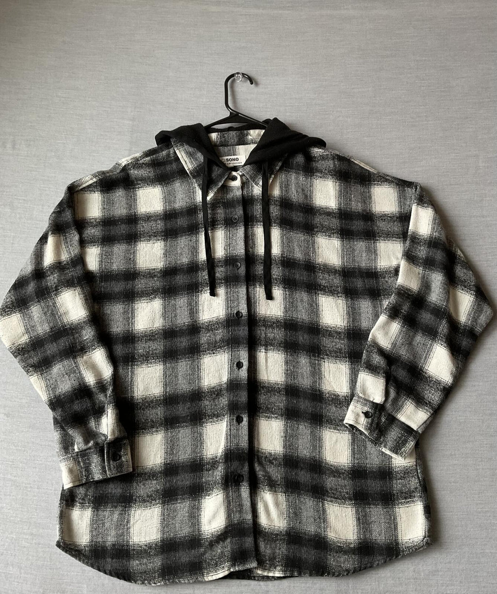 Men's Long Sleeve Button Up  Hoodie Black Plaid Shirt. XL