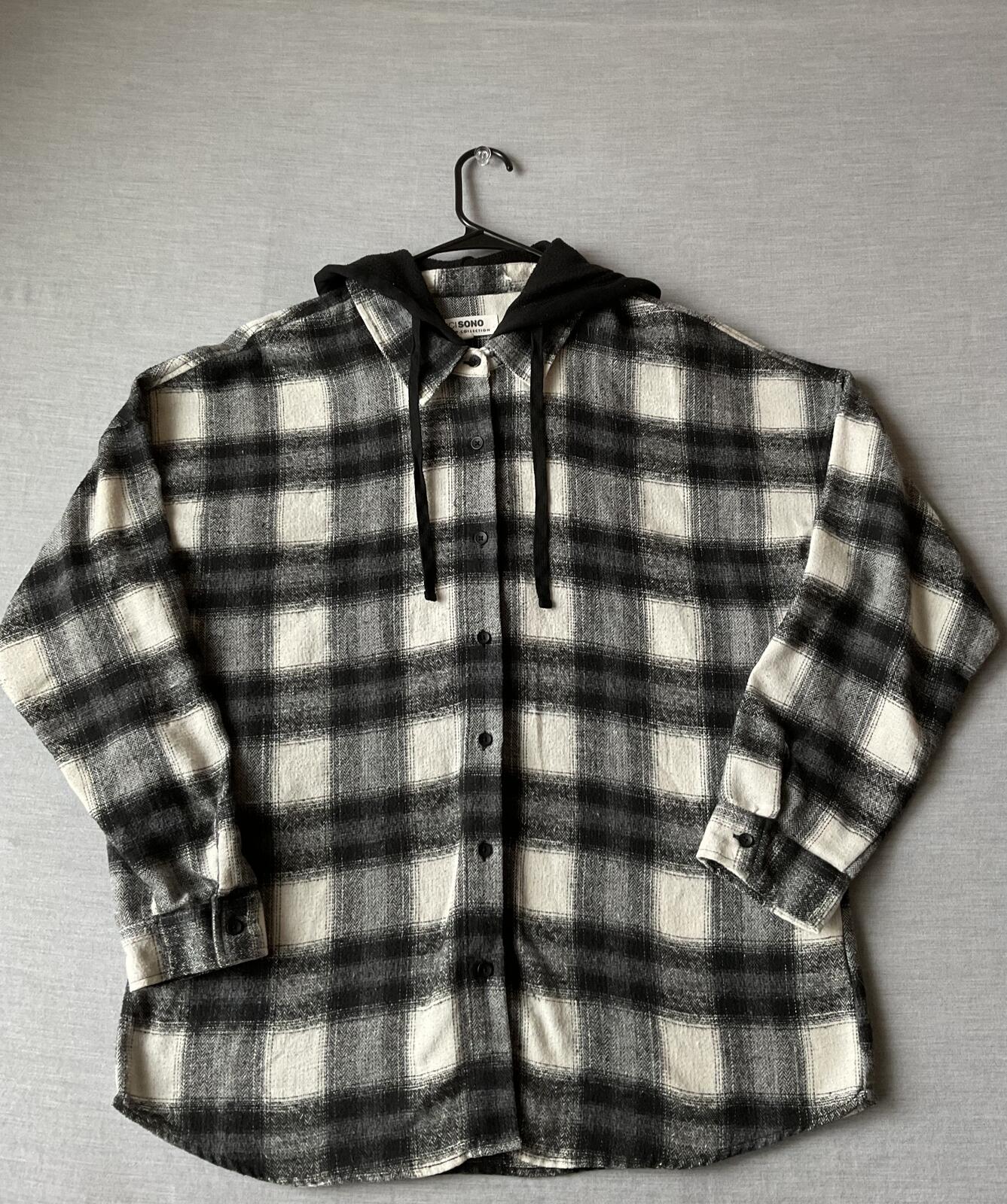 Men's Long Sleeve Button Up  Hoodie Black Plaid Shirt.