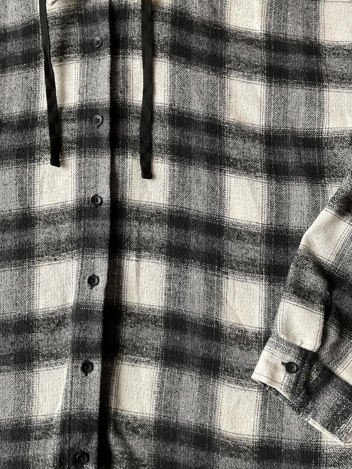 Men's Long Sleeve Button Up  Hoodie Black Plaid Shirt.