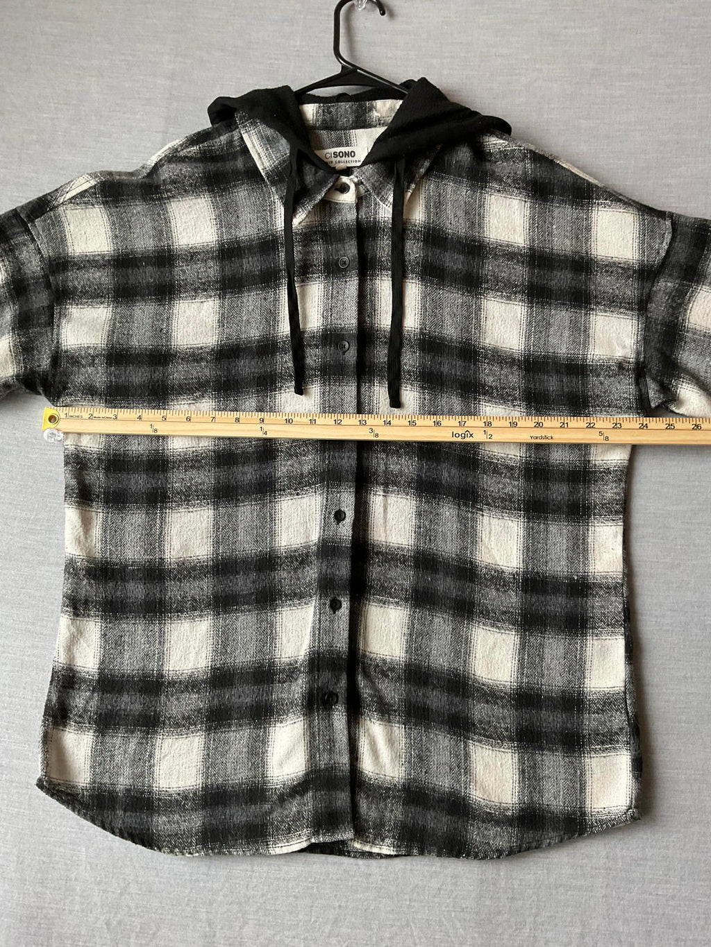 Men's Long Sleeve Button Up  Hoodie Black Plaid Shirt. XL