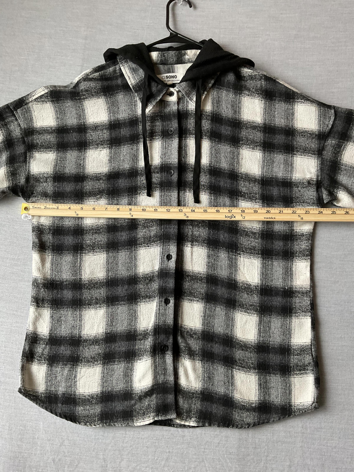 Men's Long Sleeve Button Up  Hoodie Black Plaid Shirt.