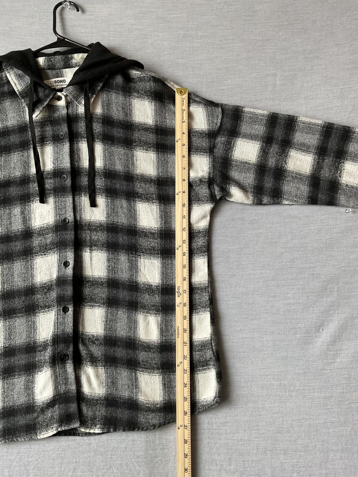 Men's Long Sleeve Button Up  Hoodie Black Plaid Shirt.