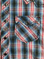 Cowboy Up Men's Western Style Button Up Long Sleeve Red, Blue White Plaid Shirt