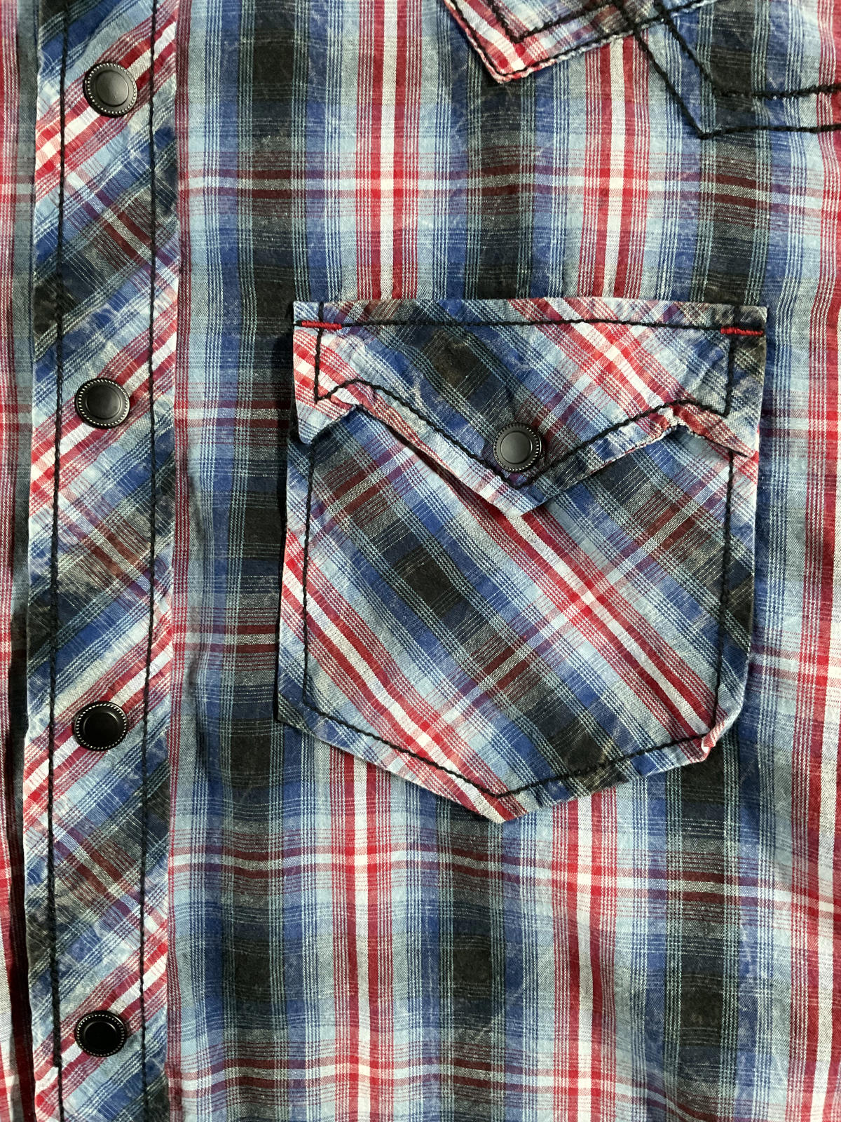 Cowboy Up Men's Western Style Button Up Long Sleeve Red, Blue White Plaid Shirt