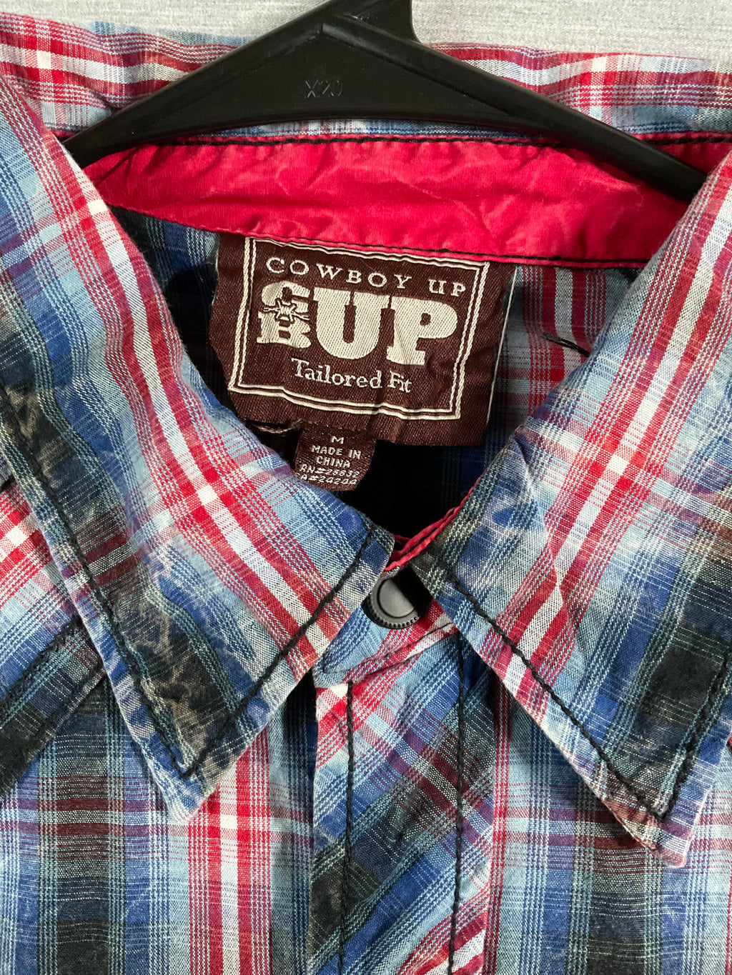 Cowboy Up Men's Western Style Button Up Long Sleeve Red, Blue White Plaid Shirt