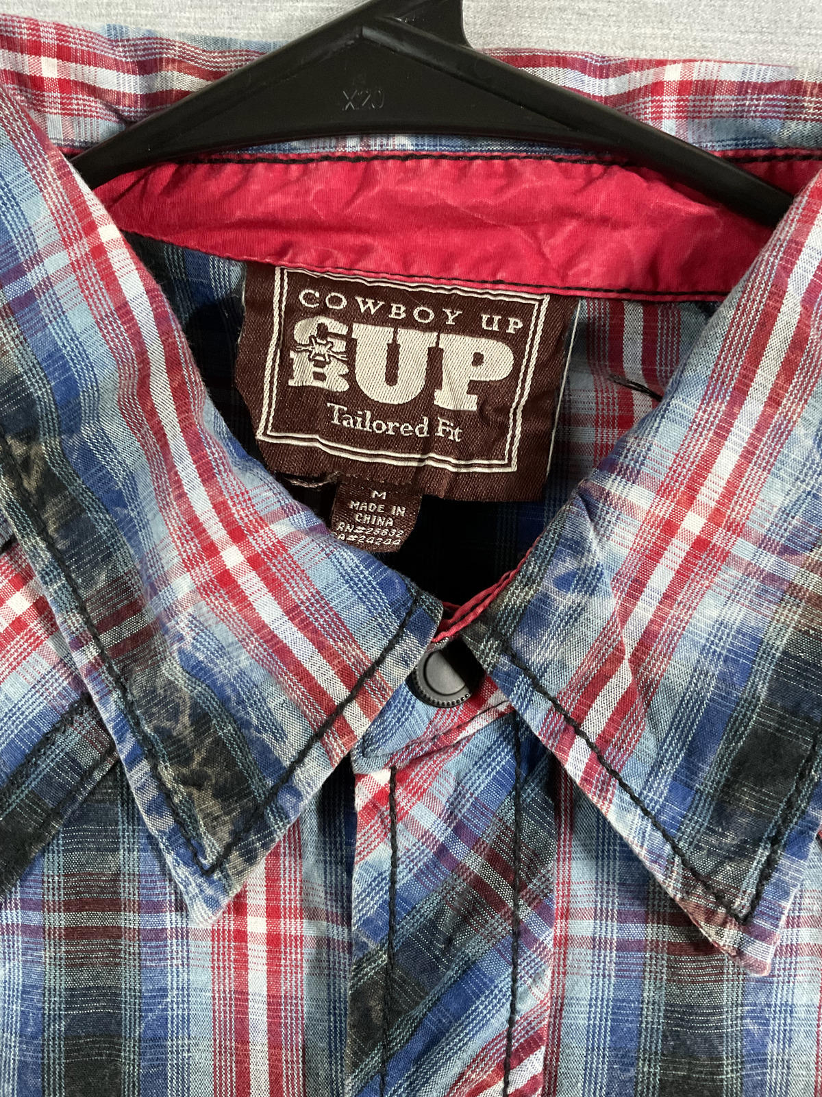 Cowboy Up Men's Western Style Button Up Long Sleeve Red, Blue White Plaid Shirt