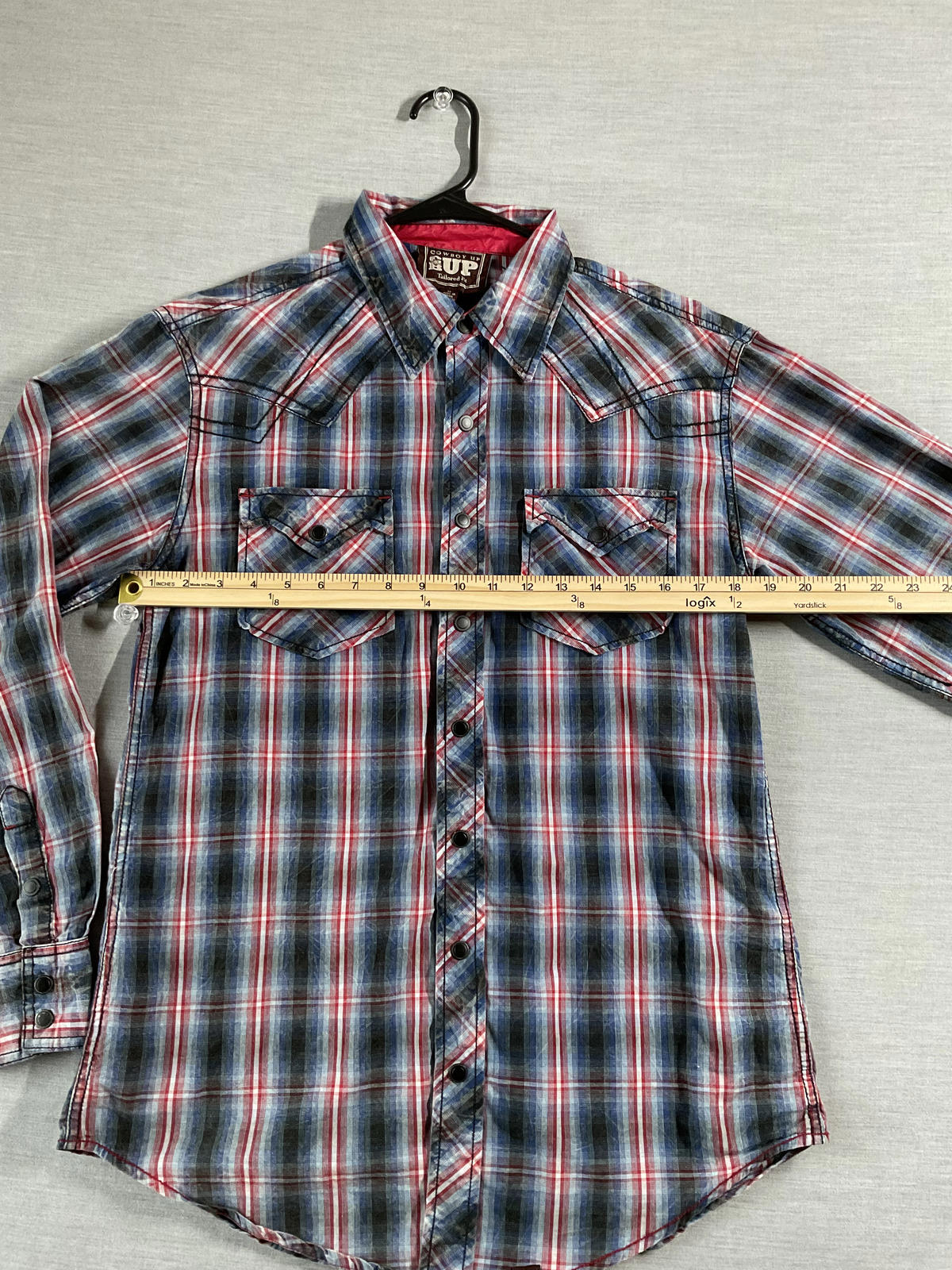 Cowboy Up Men's Western Style Button Up Long Sleeve Red, Blue White Plaid Shirt