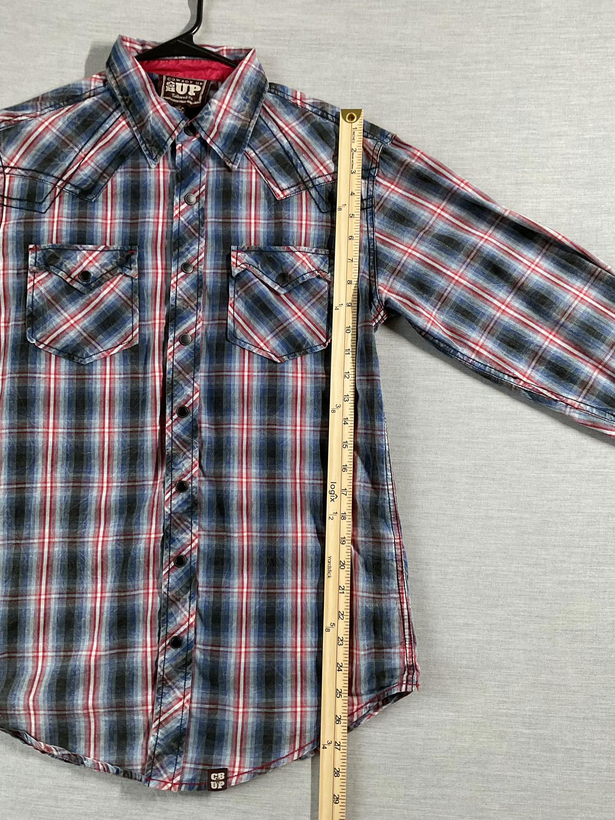 Cowboy Up Men's Western Style Button Up Long Sleeve Red, Blue White Plaid Shirt