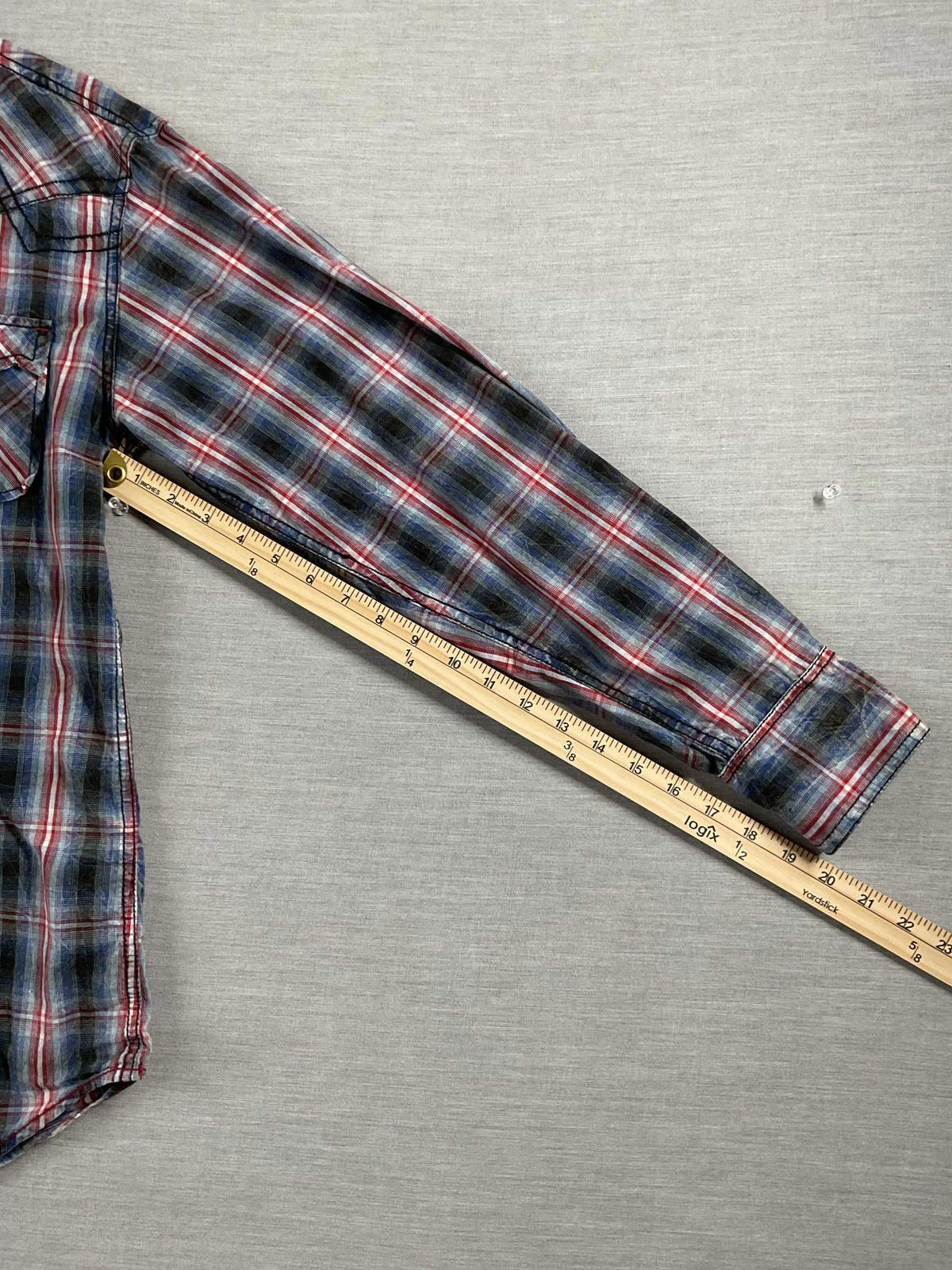 Cowboy Up Men's Western Style Button Up Long Sleeve Red, Blue White Plaid Shirt