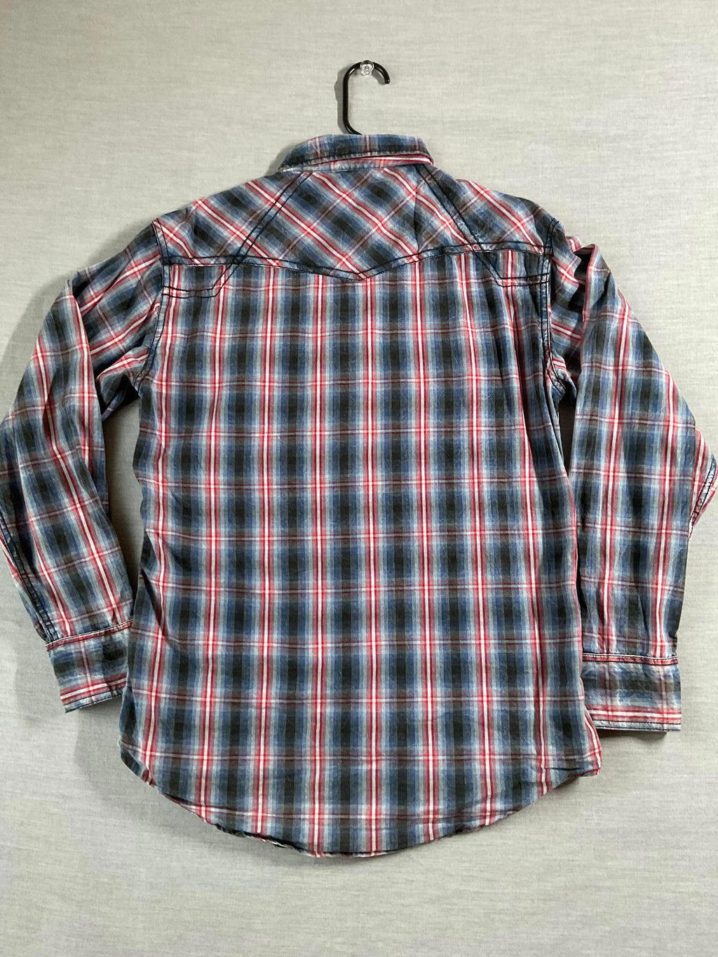 Cowboy Up Men's Western Style Button Up Long Sleeve Red, Blue White Plaid Shirt