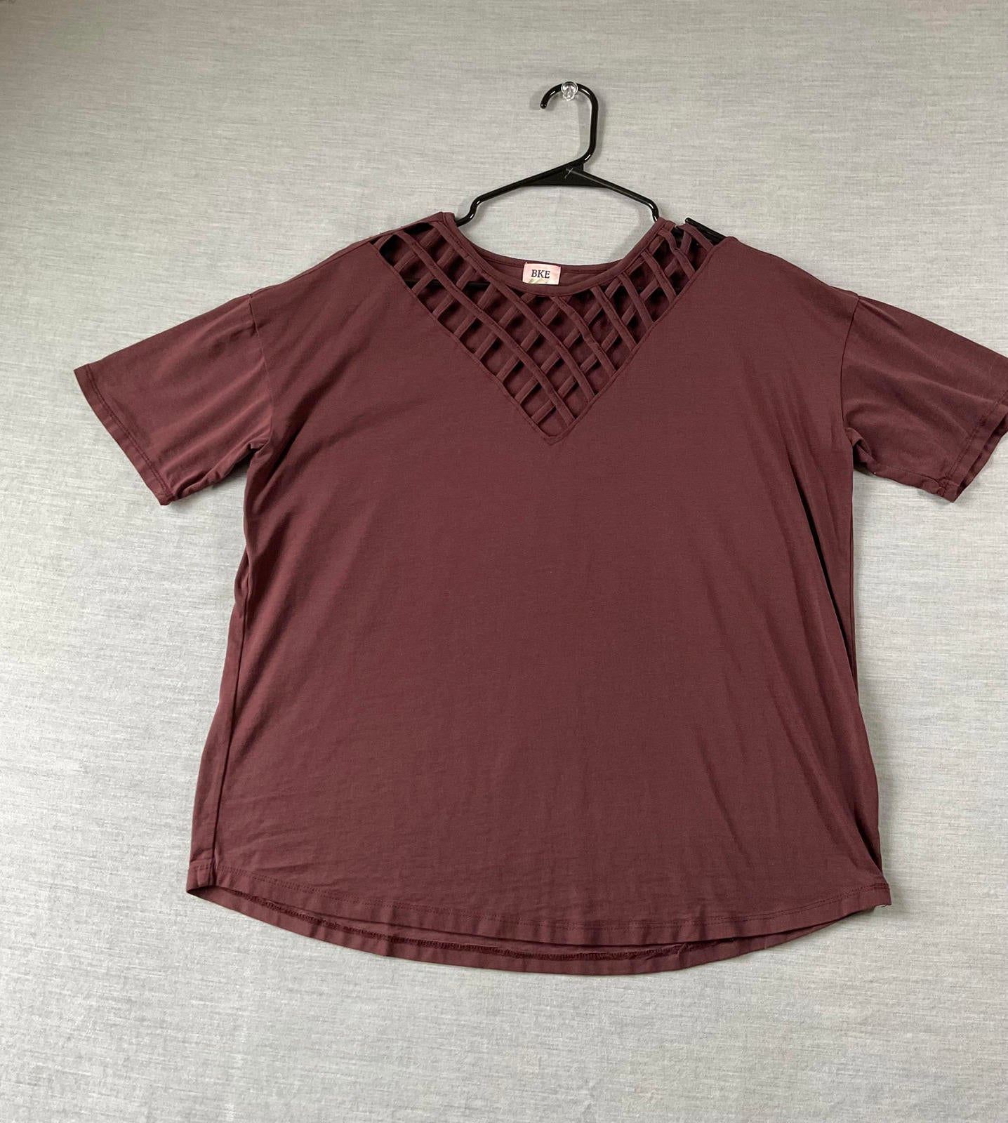 BKE Women's Short Sleeve Burgundy Lattice Neckline Shirt.