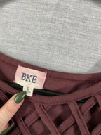 BKE Women's Short Sleeve Burgundy Lattice Neckline Shirt.