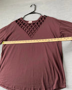 BKE Women's Short Sleeve Burgundy Lattice Neckline Shirt.