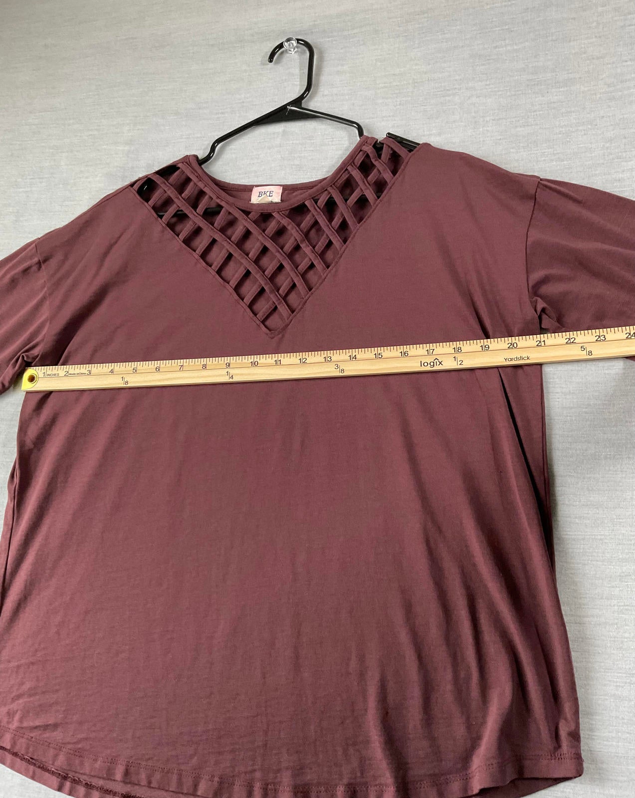 BKE Women's Short Sleeve Burgundy Lattice Neckline Shirt.