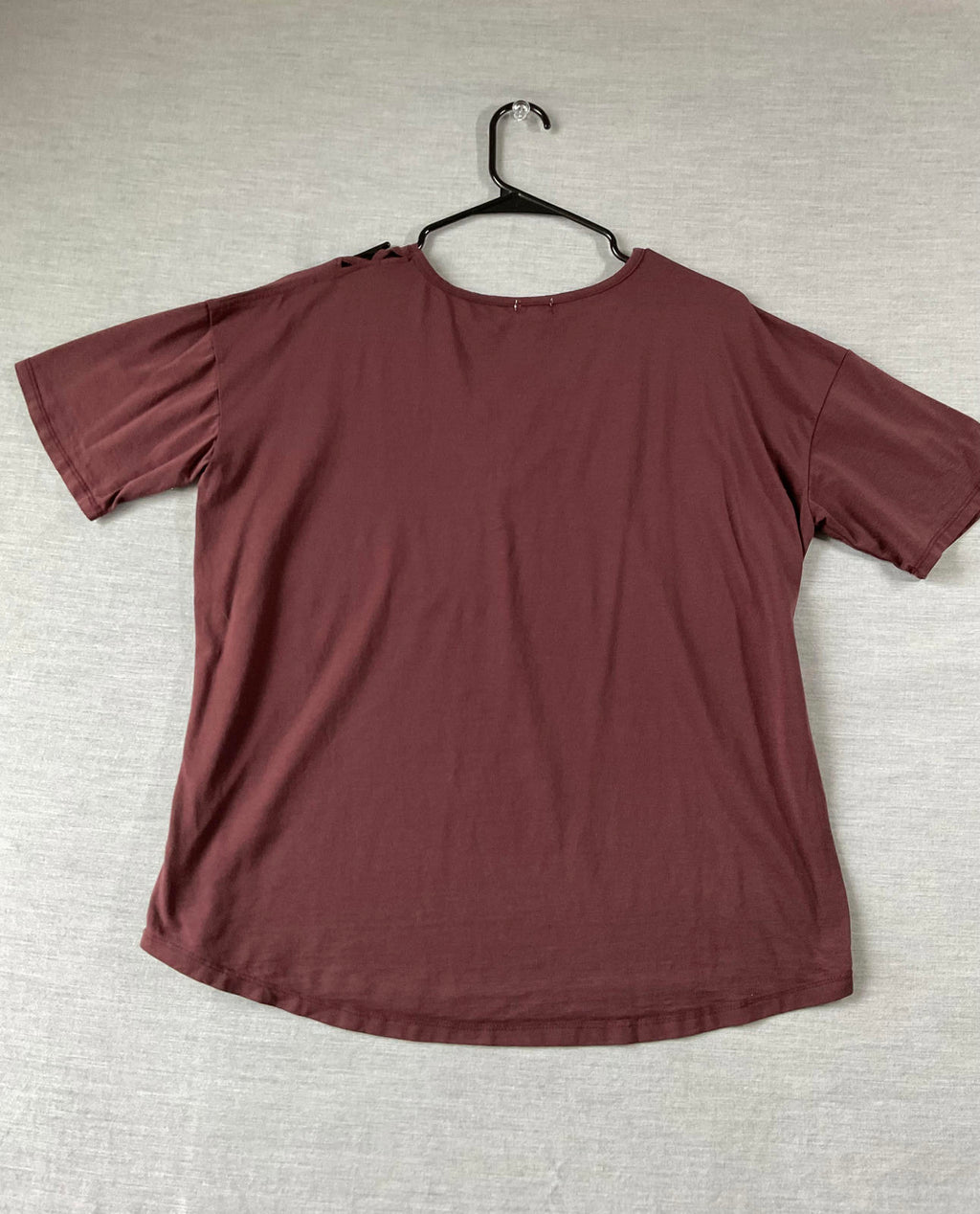 BKE Women's Short Sleeve Burgundy Lattice Neckline Shirt.