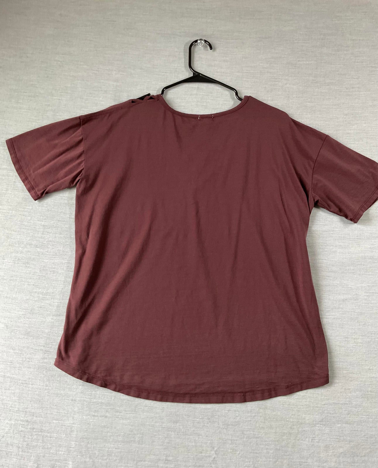 BKE Women's Short Sleeve Burgundy Lattice Neckline Shirt.