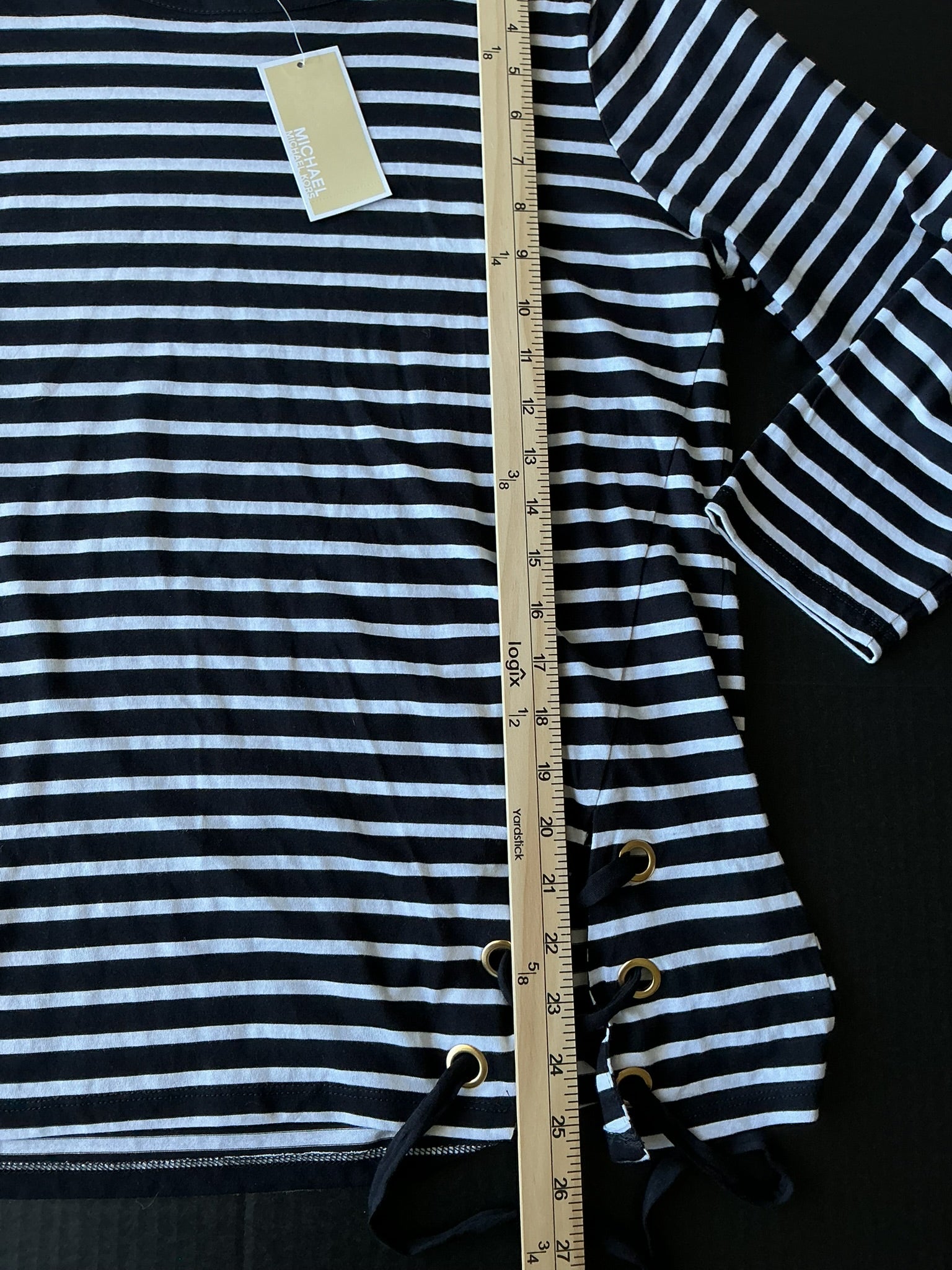 Michael Kors Women's 3/4 Sleeve Shirt in a classic Black and White Stripe (Size Large)