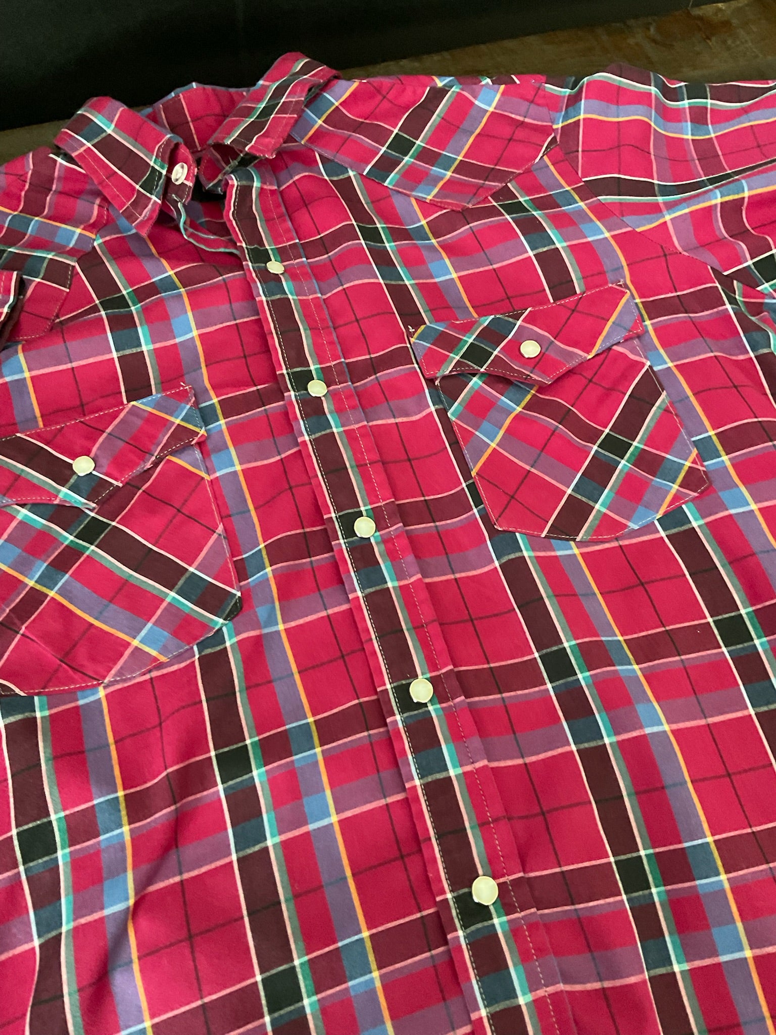 Vintage Saddle King Western Wear Plaid Pearl Snap Shirt Mens XXL Pink Purple Cowboy