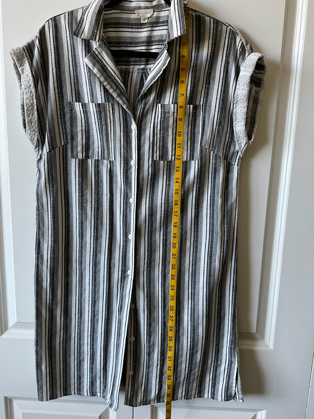 Hem & Thread Black White Striped Button Down Linen Blend Dress.  Medium