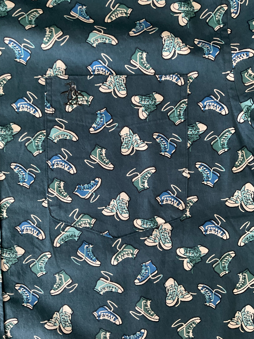 Original Penguin Men's Novelty Shoe Print Short Sleeve Button Up Shirt. Large