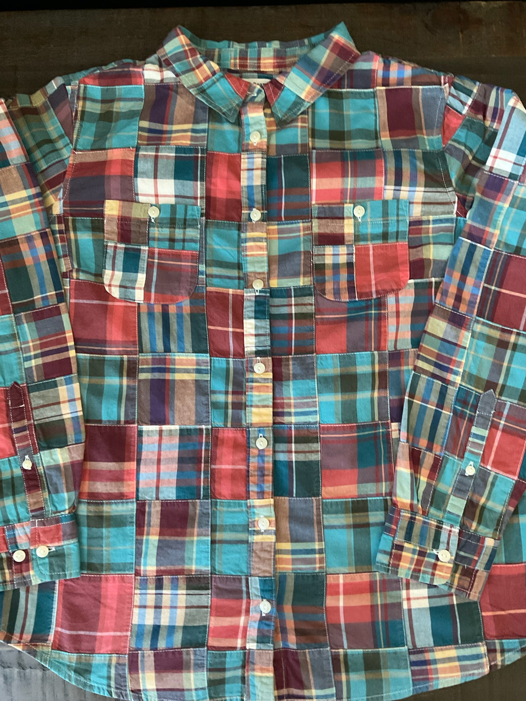 L.L. Bean Women’s Long-Sleeve Roll-Tab Plaid Shirt - Turquoise & Rust  Large)