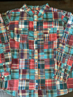 L.L. Bean Women’s Long-Sleeve Roll-Tab Plaid Shirt - Turquoise & Rust  Large)