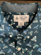 Original Penguin Men's Novelty Shoe Print Short Sleeve Button Up Shirt. Large