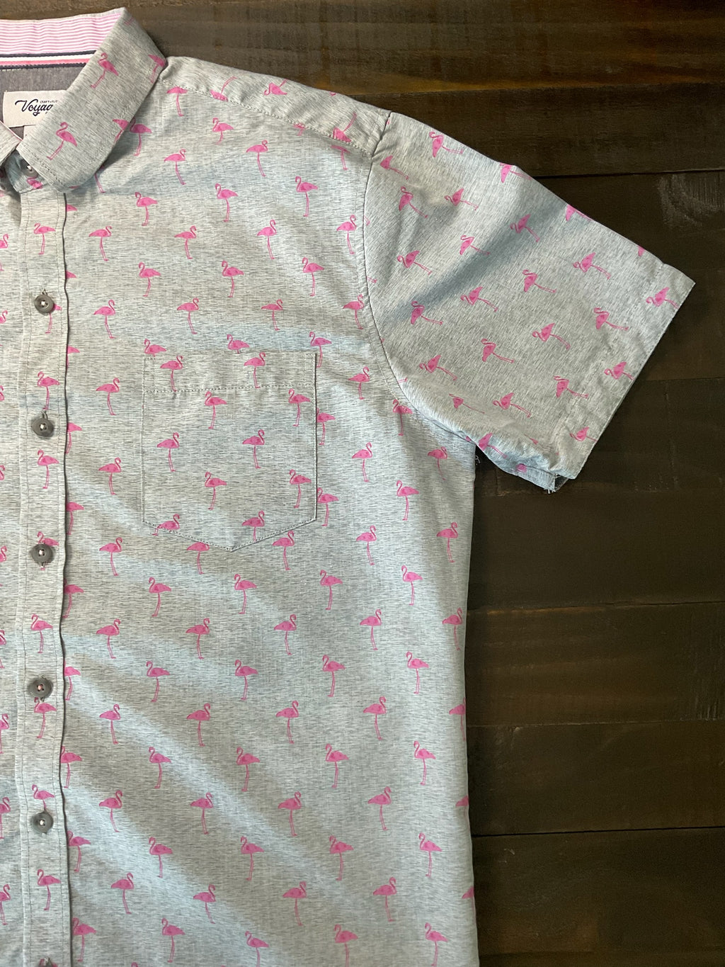 Voyage Men’s Short-Sleeve Tropical Flamingo Shirt - Gray & Pink (Size Medium)