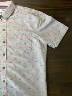 Voyage Men’s Short-Sleeve Tropical Flamingo Shirt - Gray & Pink (Size Medium)