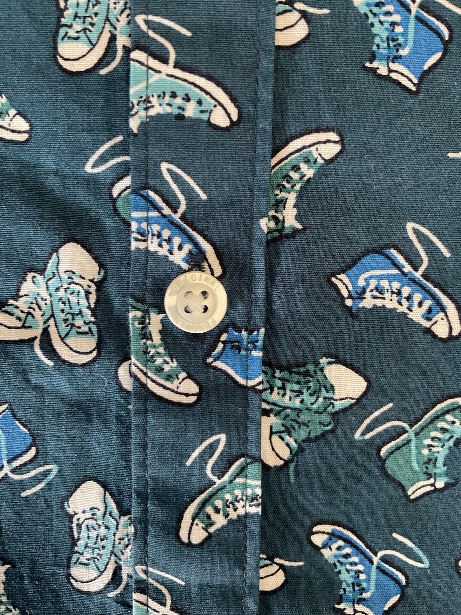Original Penguin Men's Novelty Shoe Print Short Sleeve Button Up Shirt. Large