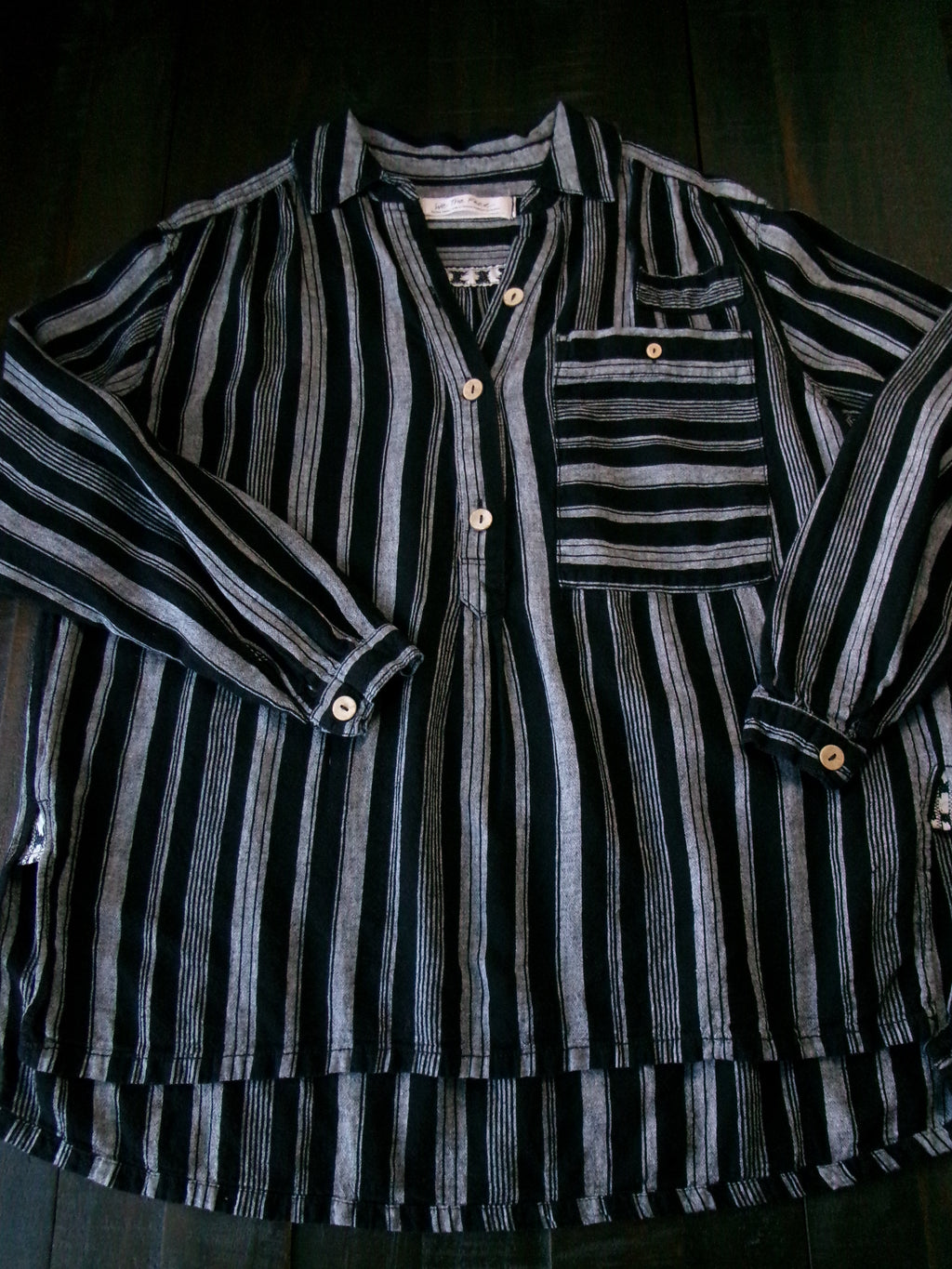 We The Free Oversized 3-Button Striped Shirt - Black & White Size X Small