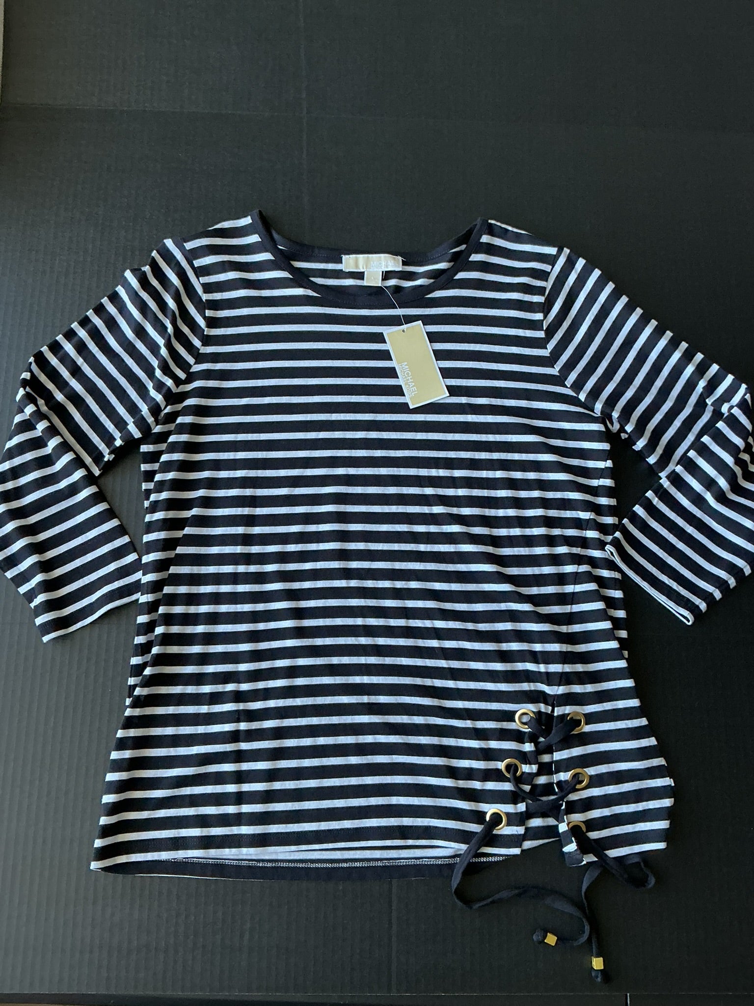 Michael Kors Women's 3/4 Sleeve Shirt in a classic Black and White Stripe (Size Large)