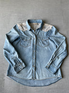 Mudd Women's Long Sleeve Pearl Button Snap Denim and Lace Shirt