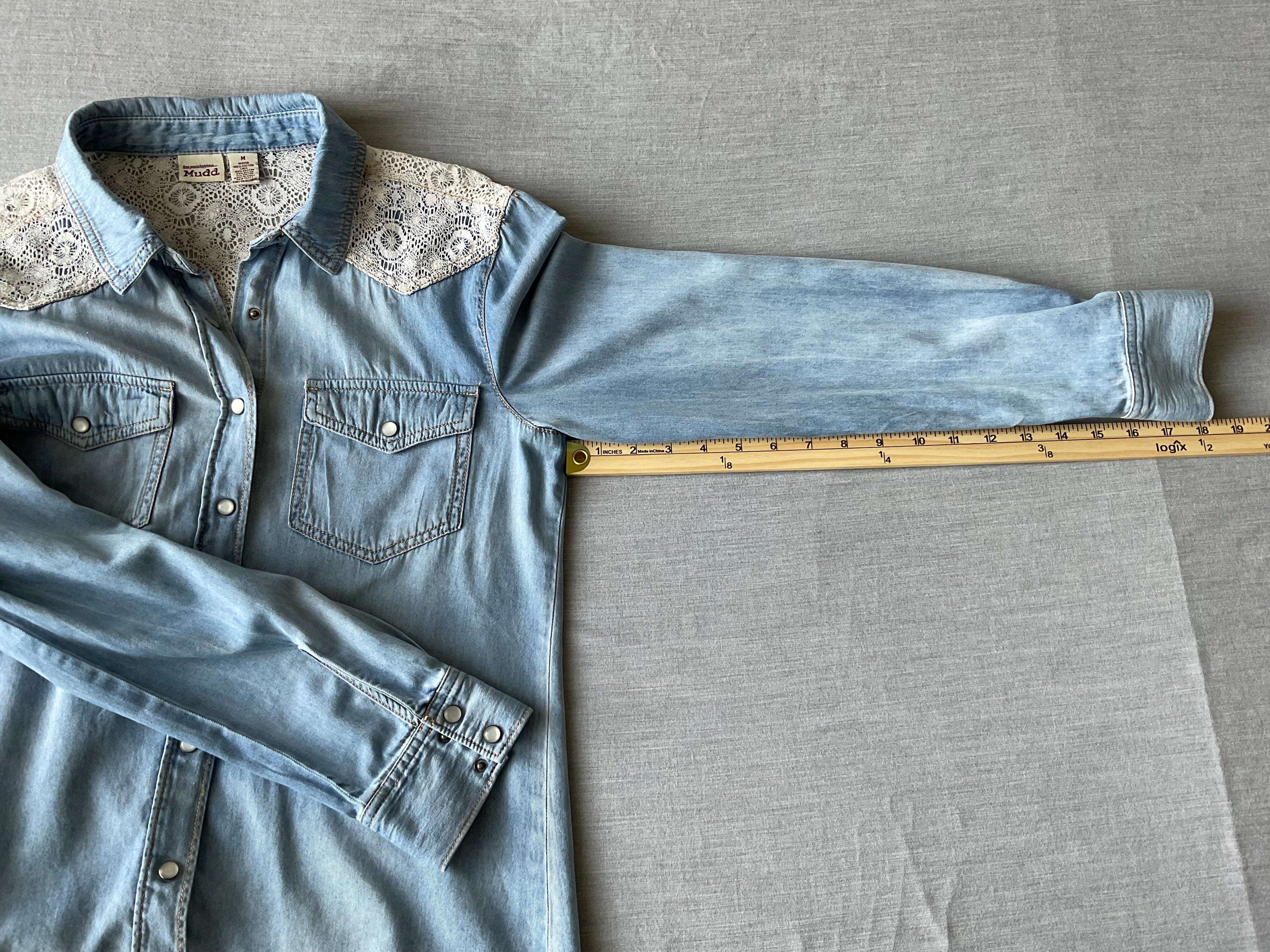 Mudd Women's Long Sleeve Pearl Button Snap Denim and Lace Shirt
