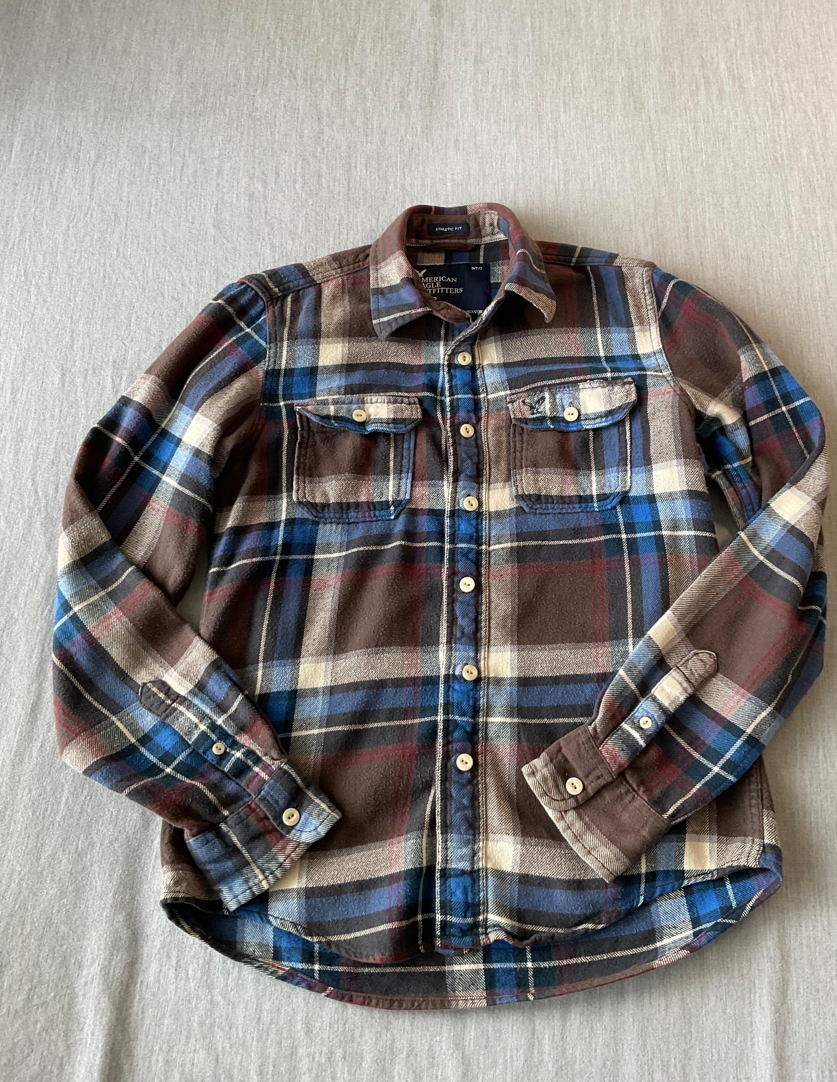 American Eagle Men's Long Sleeve Button Up Flannel Plaid Brown, Blue Beige Shirt