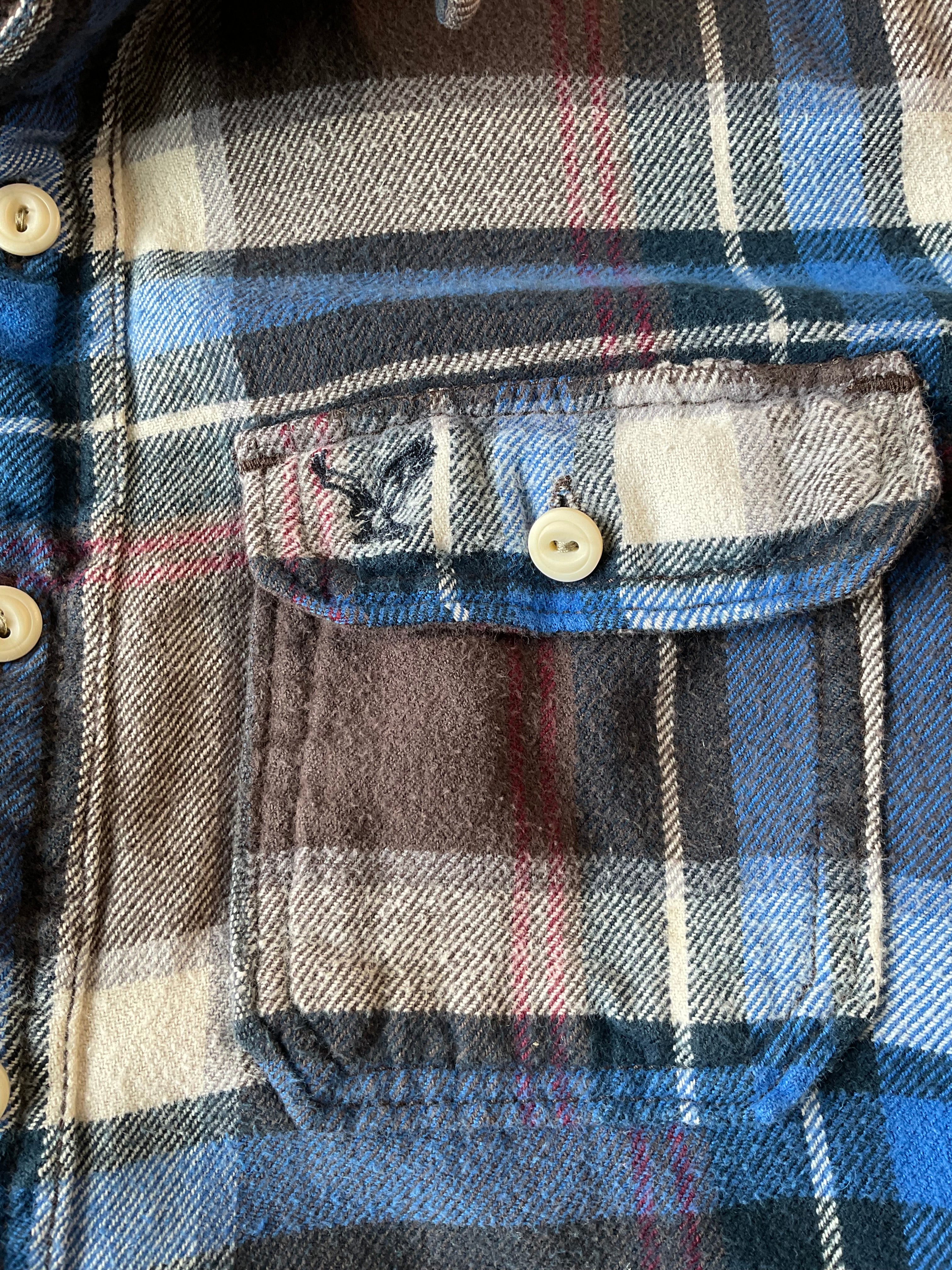 American Eagle Men's Long Sleeve Button Up Flannel Plaid Brown, Blue Beige Shirt