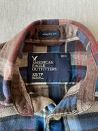 American Eagle Men's Long Sleeve Button Up Flannel Plaid Brown, Blue Beige Shirt