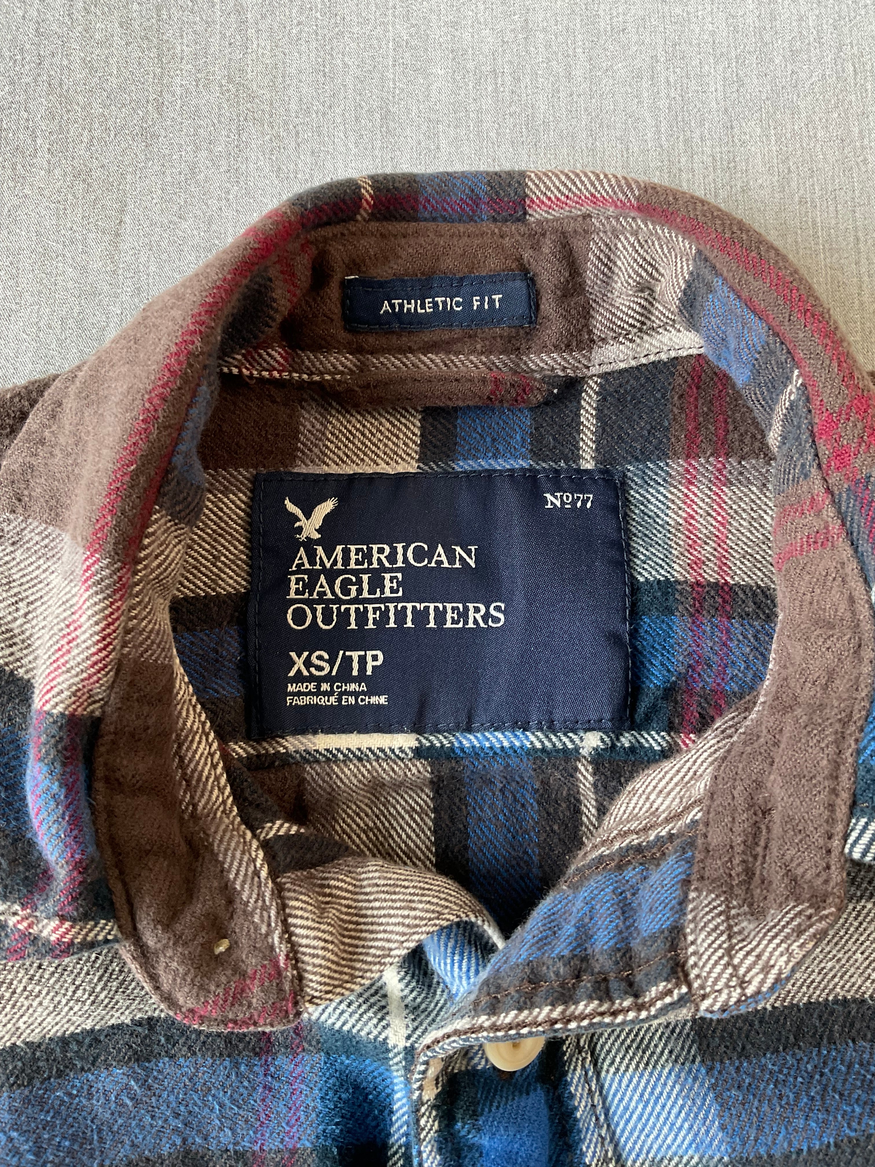 American Eagle Men's Long Sleeve Button Up Flannel Plaid Brown, Blue Beige Shirt