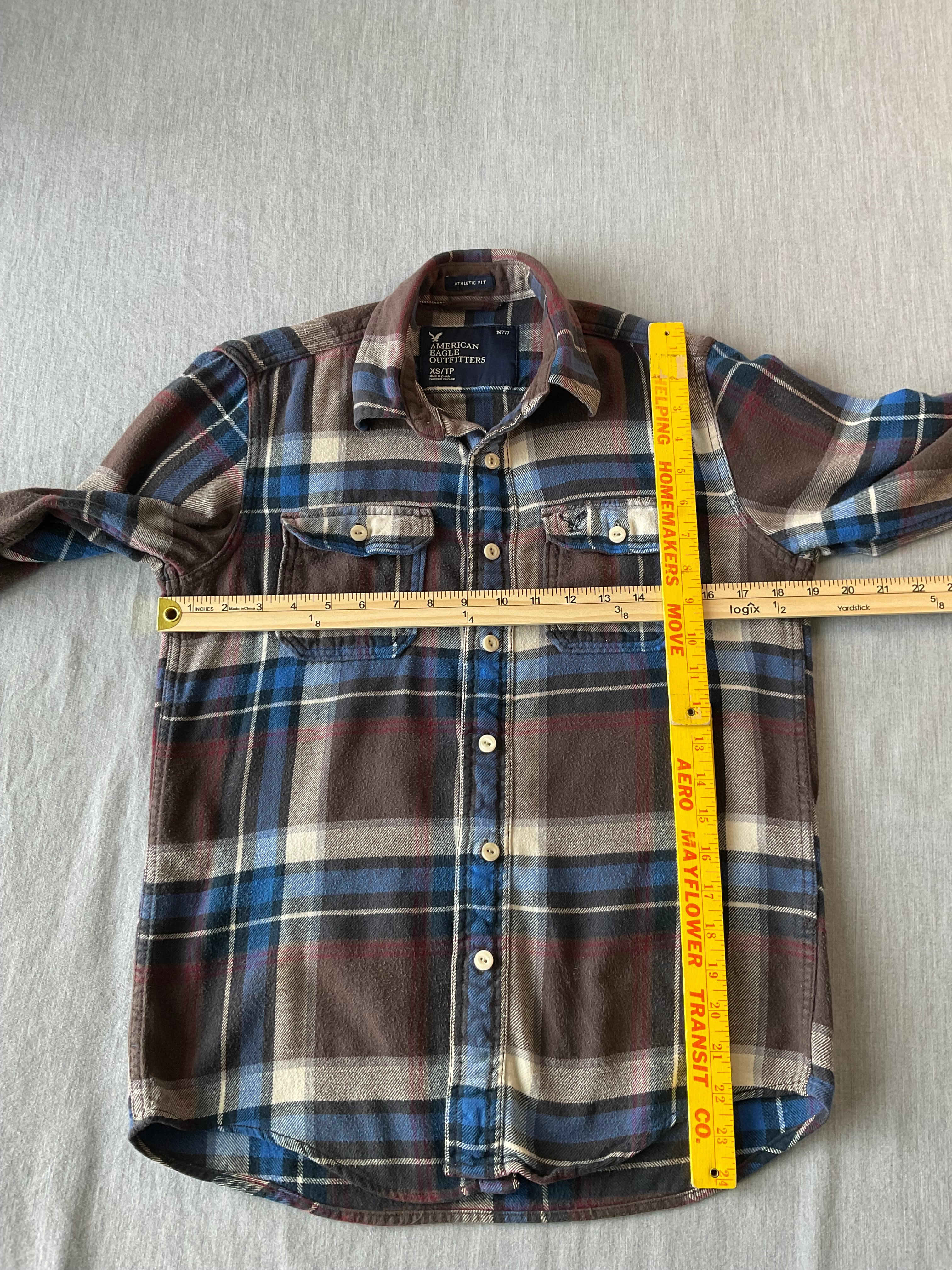 American Eagle Men's Long Sleeve Button Up Flannel Plaid Brown, Blue Beige Shirt