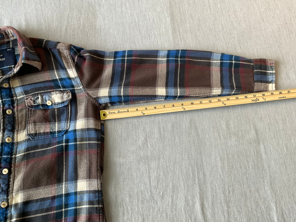 American Eagle Men's Long Sleeve Button Up Flannel Plaid Brown, Blue Beige Shirt