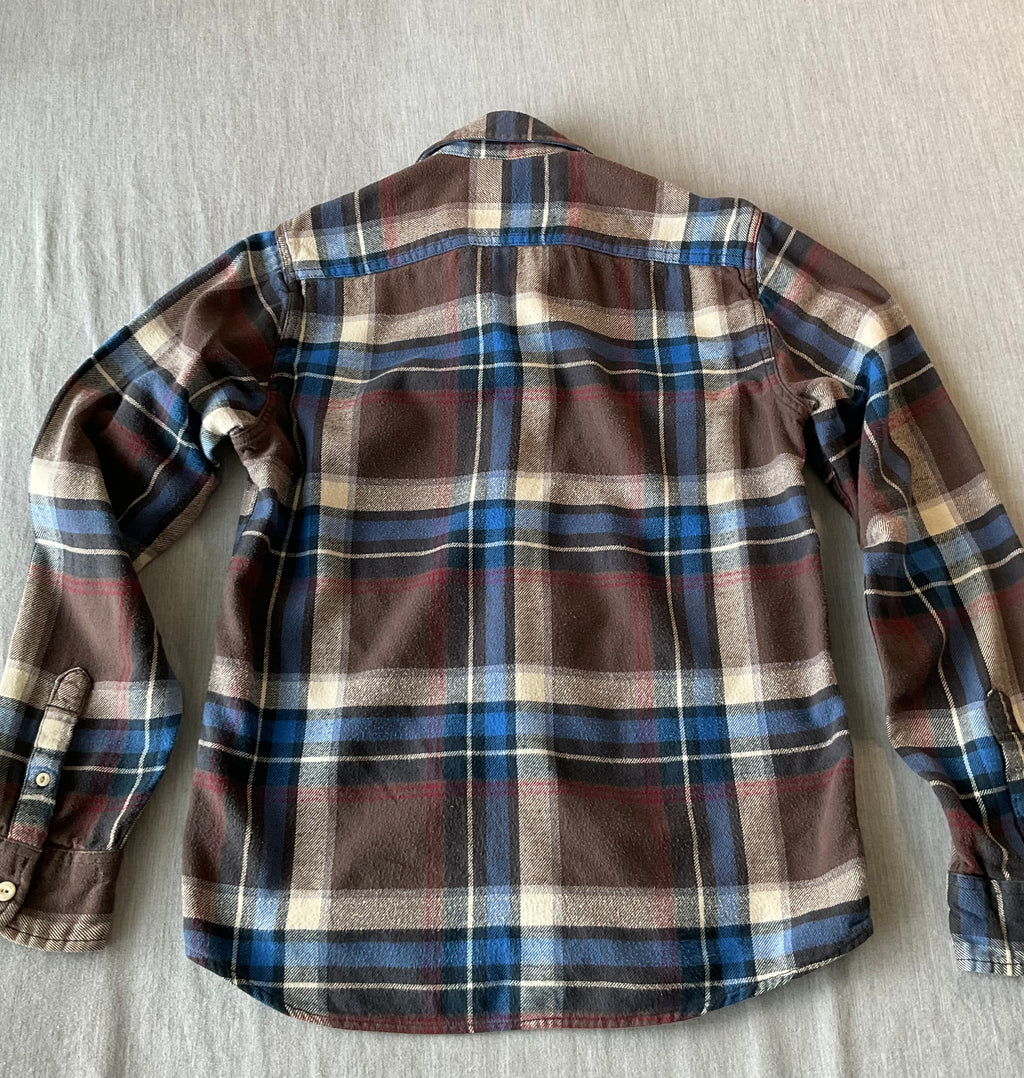 American Eagle Men's Long Sleeve Button Up Flannel Plaid Brown, Blue Beige Shirt