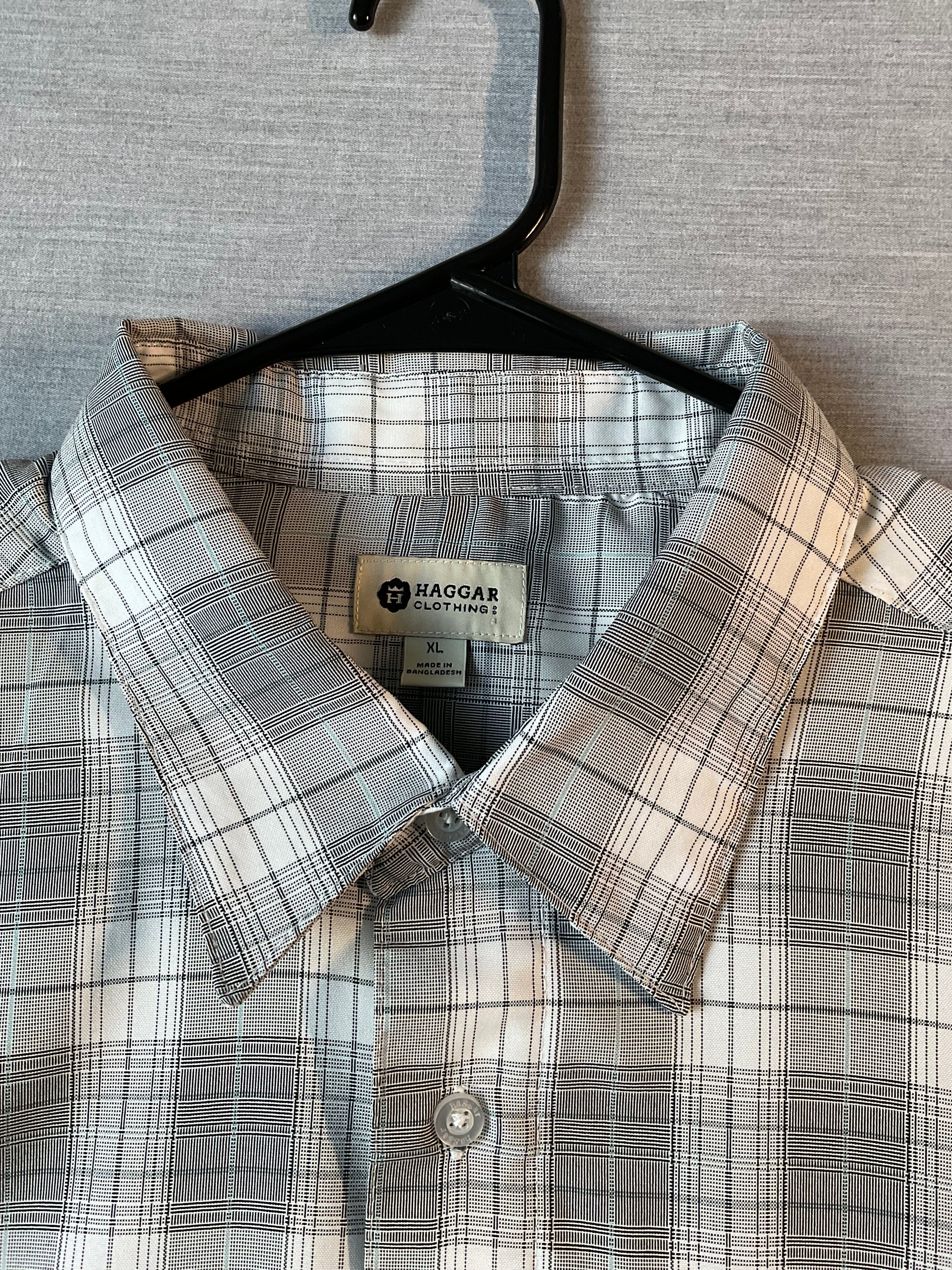 Haggar Men's White & Gray Plaid Short Sleeve Button-Up Shirt