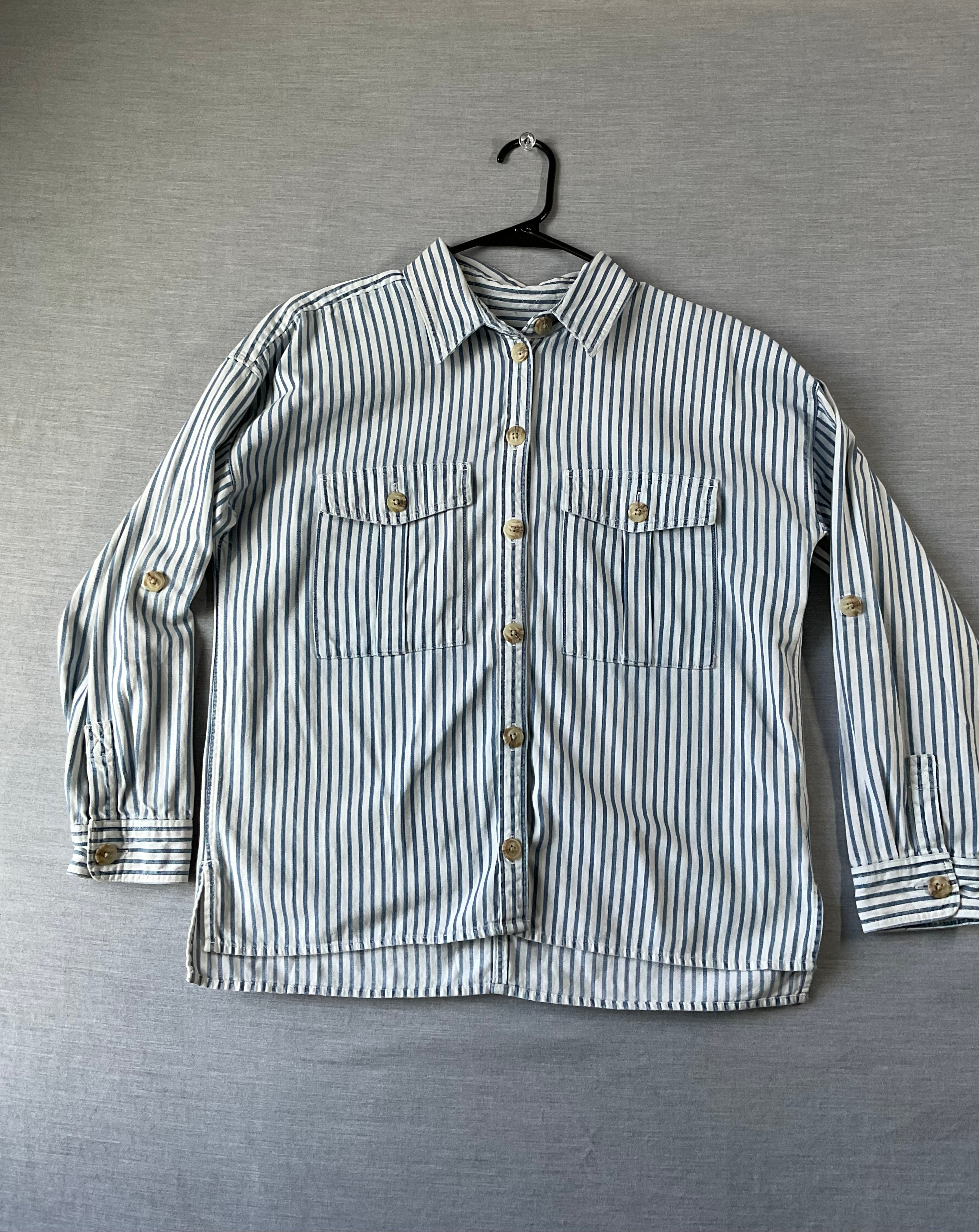 American Eagle Blue White Striped Oversized Long Sleeve Shirt - Small