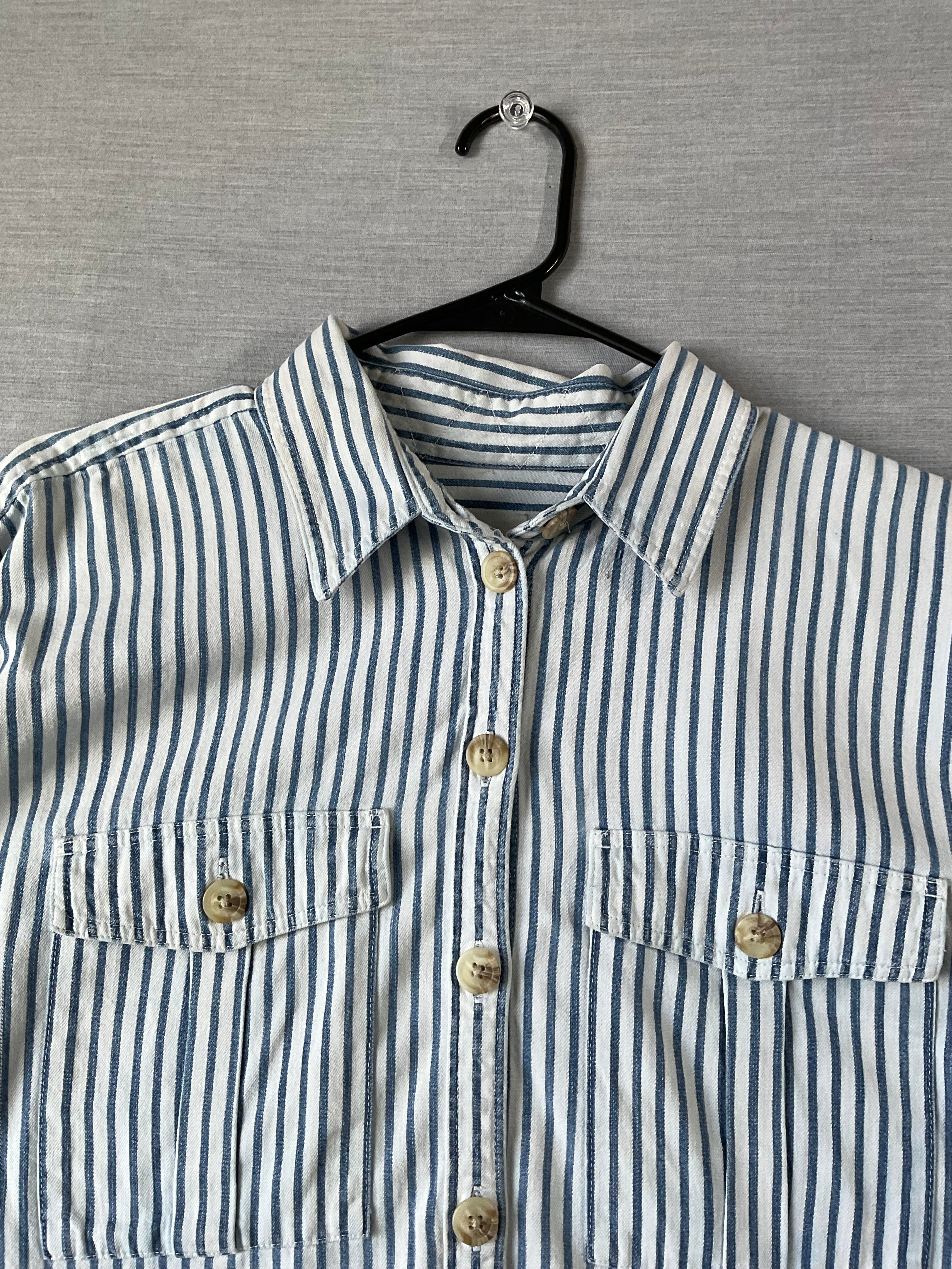 American Eagle Blue White Striped Oversized Long Sleeve Shirt - Small