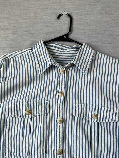 American Eagle Blue White Striped Oversized Long Sleeve Shirt - Small