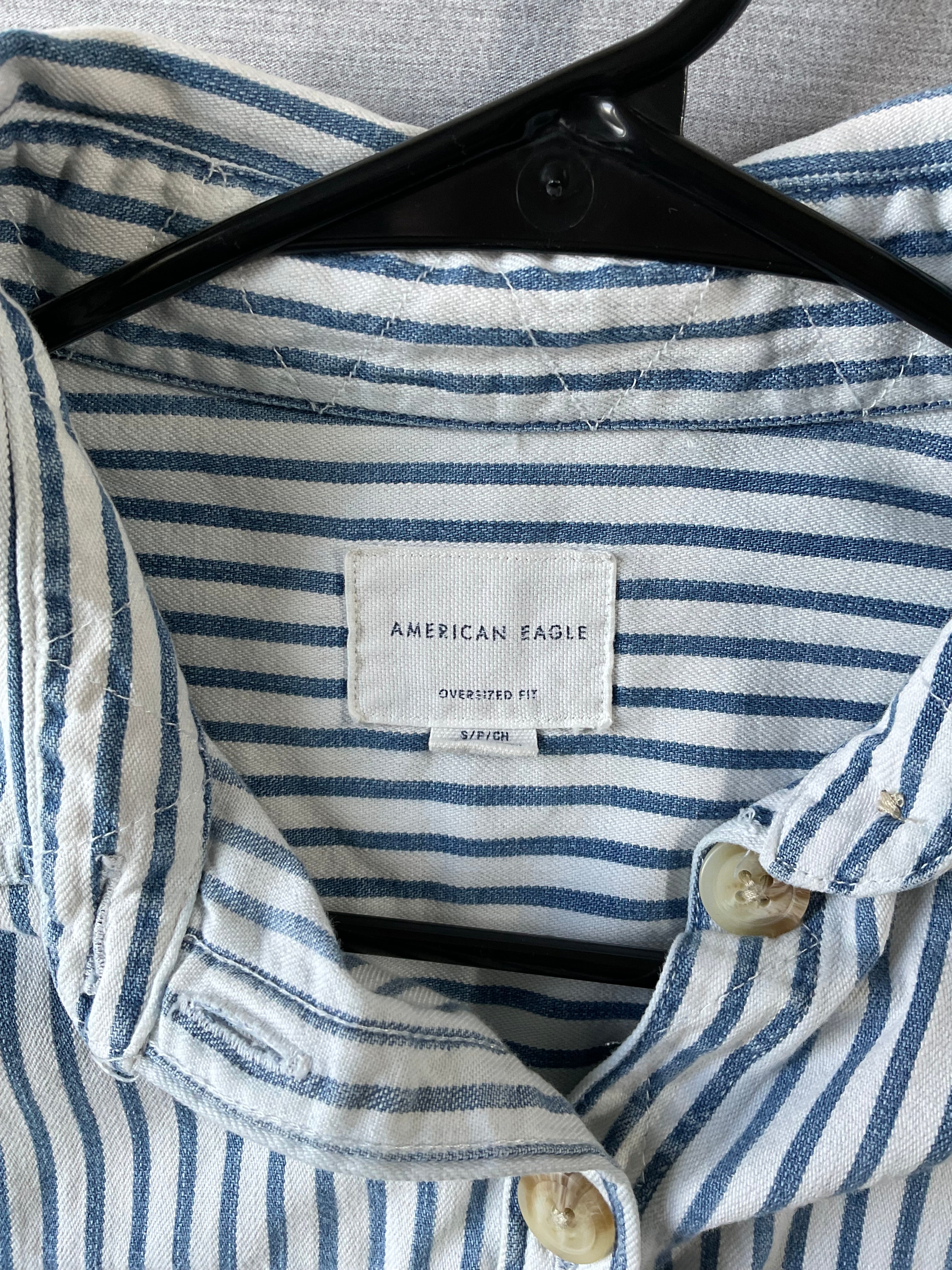 American Eagle Blue White Striped Oversized Long Sleeve Shirt - Small
